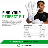 Cutters brand glove sizing guide infographic with a model holding up a white glove to show the palm measurement scale, alongside text instructions on how to measure and a sizing table listing adult sizes from Medium to XXX-Large with palm measurements.