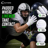 Promotional graphic for Cutters finger protectors showing a football lineman in action, with three circular callouts highlighting padded areas on the glove: finger protection, knuckle padding, and back-of-hand coverage.