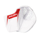 A white Bauer hockey goalie glove with red and white branding, shown on a solid white background.