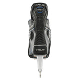A single black and silver True 5XE ice hockey boot with a metal blade attached, shown from a front-facing perspective on a solid white background.