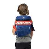 Blue, red, white hockey glove bag on a white background