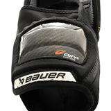 Black protective elbow pad with brand logos on a white background