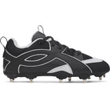 Black and white cleated shoe on a white background