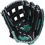 Rawlings NT Series baseball glove in black with mint green accents and gray laces, shown on a white background.