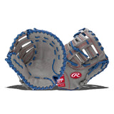 A pair of Rawlings baseball gloves in gray leather with blue contrast stitching and red stitching details, shown on a white background.