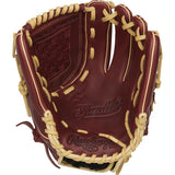 A close-up studio shot of a baseball glove on a plain white background. The glove is made of dark burgundy leather with cream-colored laces and trim.