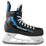 A single Bauer XLP ice skate boot in black and blue with white laces and a white blade, shown from a three-quarters angle on a white background.