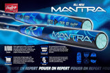 Rawlings Mantra all-weather carbon inner barrel with an outer barrel in blue and black, shown in a promotional graphic with feature callouts and branding.