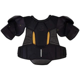 Black protective chest and shoulder pad with Warrior logo on a white background
