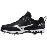 Black and white cleated shoe with a brand logo on a white background