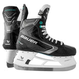 side and back view of a pair of Bauer black, green and white hockey skate