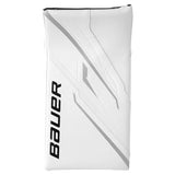 White and silver goalie blocker with Bauer on the facing on a white background