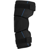 Black protective knee brace with blue accents on a white background