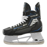 Black and white hockey skate with 'True' branding on a white background