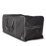 Black duffel bag with white accents on a white background