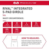 McDavid Rival Integrated 5-Pad Girdle sizing chart showing waist circumference measurements for adult sizes S through 3XL, with a small measurement guide at the bottom.