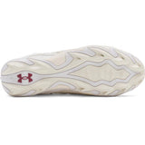 White sandal with a red logo on a white background