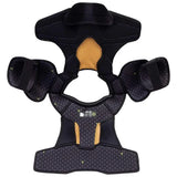 A black and dark gray protective sports pad with gold accents, featuring adjustable straps and a textured pattern, shown against a plain white background.