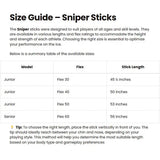 Size guide for Sniper ringette sticks with model, flex, and stick length information.