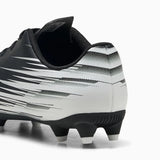 Black and white soccer cleat on a white background