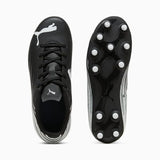 Black soccer cleats with white laces and sole pattern on a white background