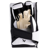 White and black goalie blocker with the the palm facing out on a white background