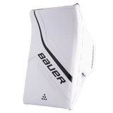 White and black goalie blocker with the word Bauer on the facing on a white background.