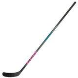 A CCM hockey stick shown diagonally on a plain white background, featuring a black shaft with pink CCM branding and teal 'Elite Velocity' text.