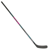 A hockey stick shown diagonally on a plain white background, featuring a dark gray shaft with pink and teal graphics and a black textured blade.