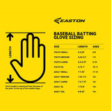 Easton baseball batting glove sizing chart with hand measurement illustration on a yellow background