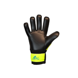 Black goalkeeper glove with yellow wristband on a white background