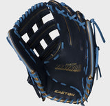 Baseball glove with blue and gold accents on a white background