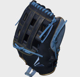 Black baseball glove with blue accents on a white background