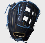 Black and blue Easton baseball glove on a white background
