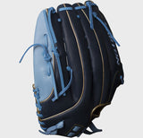 Black and blue baseball glove on a light gray background