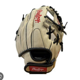 A Rawlings baseball glove in beige leather with black laces and red embroidered logo details, shown against a plain white background.