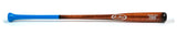 Baseball bat with blue handle and wooden shaft on a white background