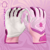 Pair of pink and white gloves with a visible brand logo on a pink background.