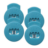 Four blue plastic clips with visible branding on a white background