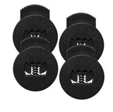 Set of five black plastic clips with brand name on a white background