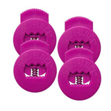 Set of five pink plastic clips on a white background