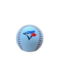 A white baseball with red stitching and the Toronto Blue Jays logo, placed on a wooden surface.