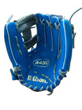 Wilson A490 blue and grey baseball glove on white background