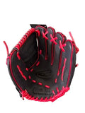 A black baseball glove with bright red contrast stitching and laces, photographed from above on a gray textured surface.