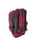A black baseball glove with red stitching and red lettering that reads 'A390' on the back, photographed from above on a gray textured surface.