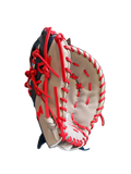 Baseball glove with red laces on a dark surface