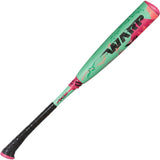 Baseball bat with green and pink design on a white background