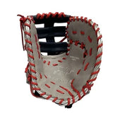Baseball glove with red and white laces on a white background