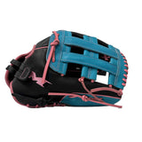 Baseball glove with black, blue, and pink design on a white background