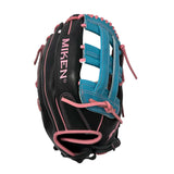 Black, pink, and blue baseball glove with 'MIKEN' branding on a white background